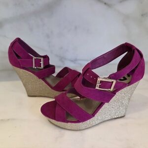 GUESS Pink Suede Wedge Sandals Glitter Platform Size 8.5